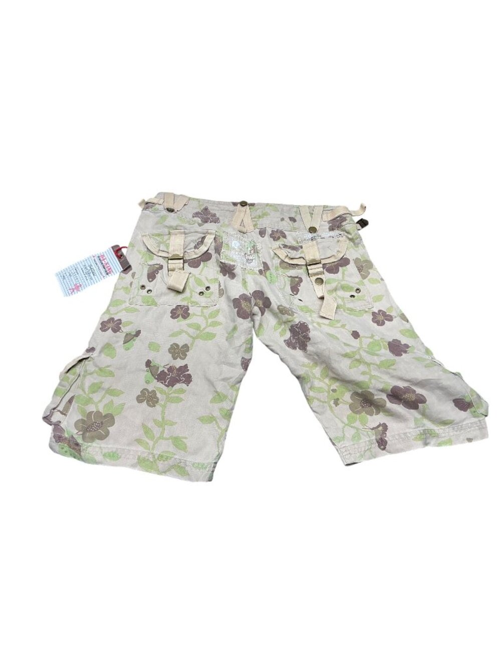 Da-Nang Women’s Floral Cargo Shorts Utility Belted Beige Green Size XS